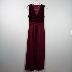 Addison Evenings Womens Burgundy Velvet V-Neck Belted Wide Leg Jumpsuit Size 6